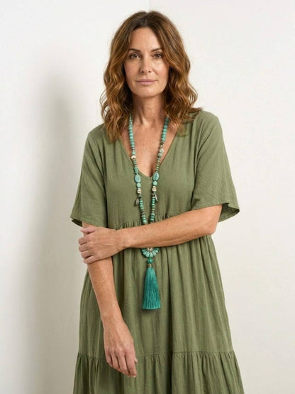Flowy V-Neck Maxi Dress for Women with Short Sleeves