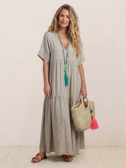 Flowy V-Neck Maxi Dress for Women with Short Sleeves