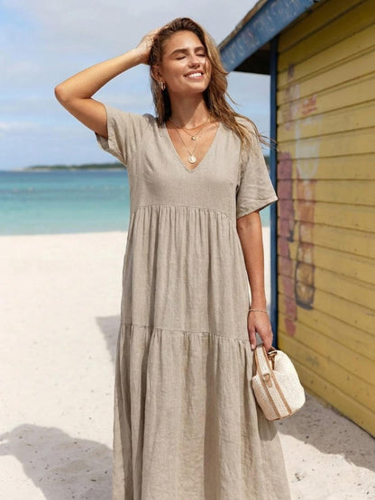 Flowy V-Neck Maxi Dress for Women with Short Sleeves