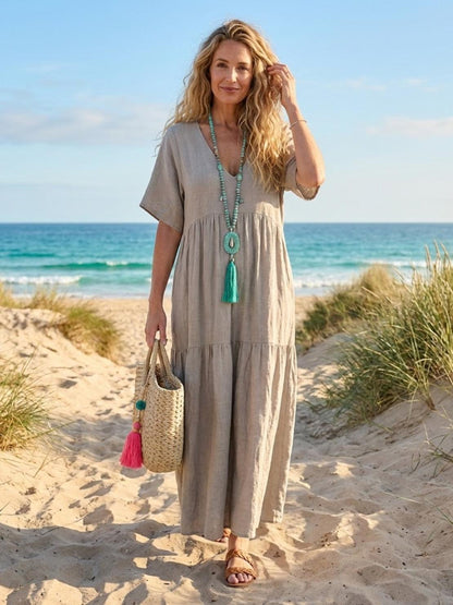 Flowy V-Neck Maxi Dress for Women with Short Sleeves