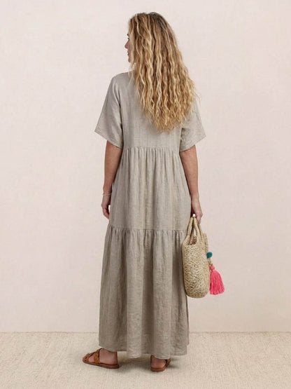 Flowy V-Neck Maxi Dress for Women with Short Sleeves
