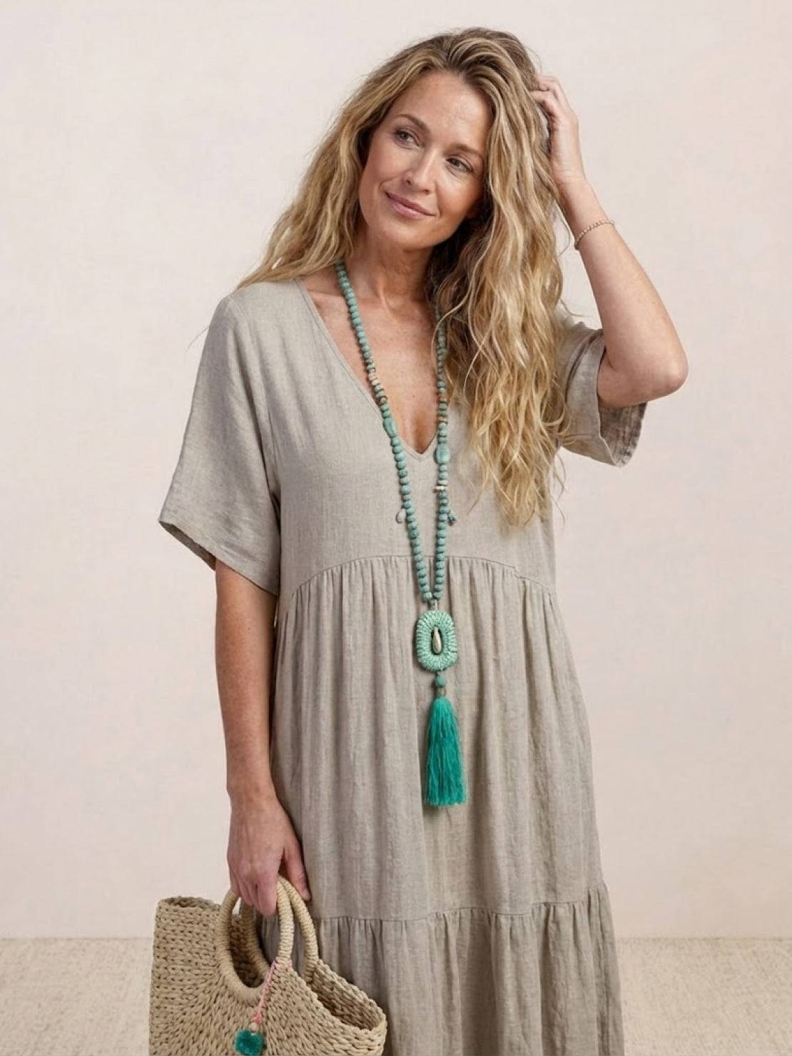 Flowy V-Neck Maxi Dress for Women with Short Sleeves