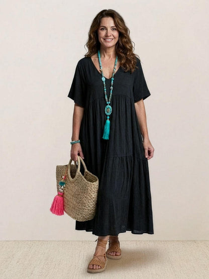 Flowy V-Neck Maxi Dress for Women with Short Sleeves