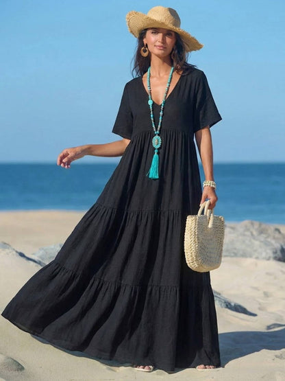 Flowy V-Neck Maxi Dress for Women with Short Sleeves