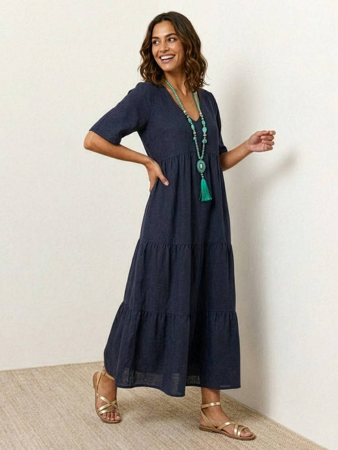 Flowy V-Neck Maxi Dress for Women with Short Sleeves
