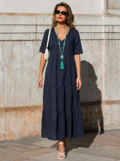 Flowy V-Neck Maxi Dress for Women with Short Sleeves