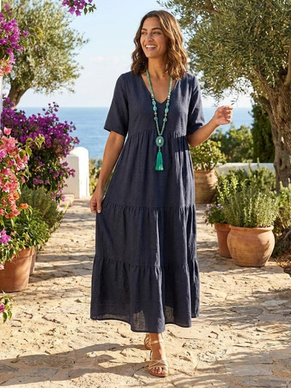 Flowy V-Neck Maxi Dress for Women with Short Sleeves