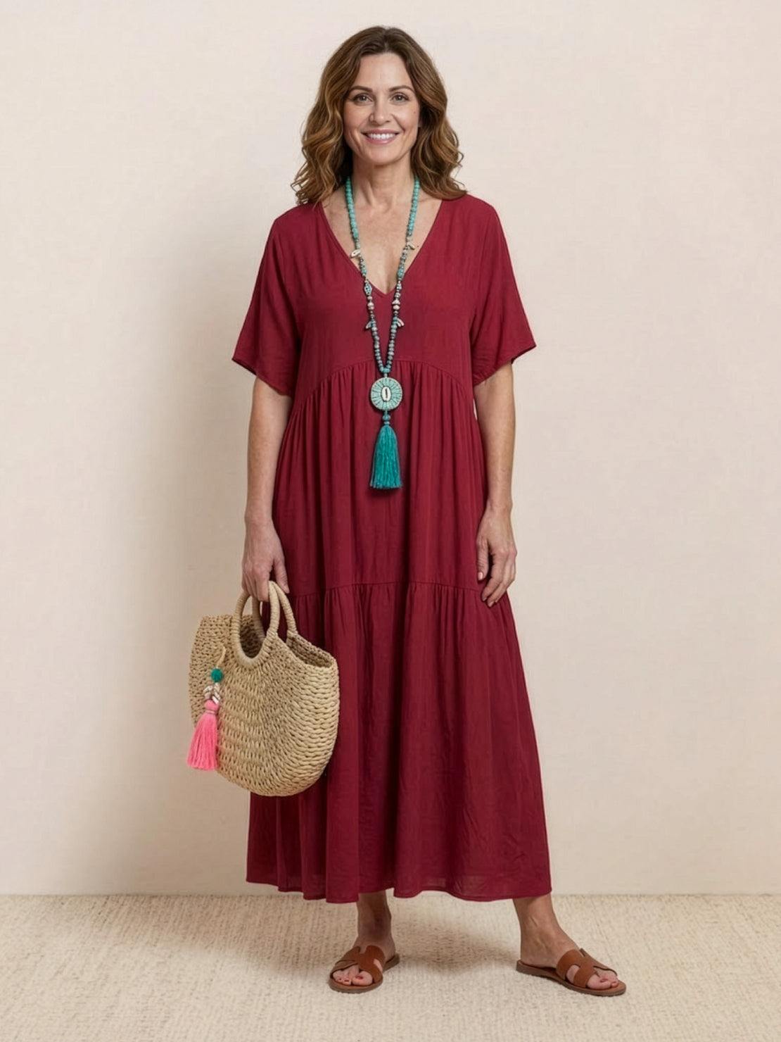 Flowy V-Neck Maxi Dress for Women with Short Sleeves