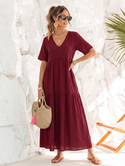 Flowy V-Neck Maxi Dress for Women with Short Sleeves
