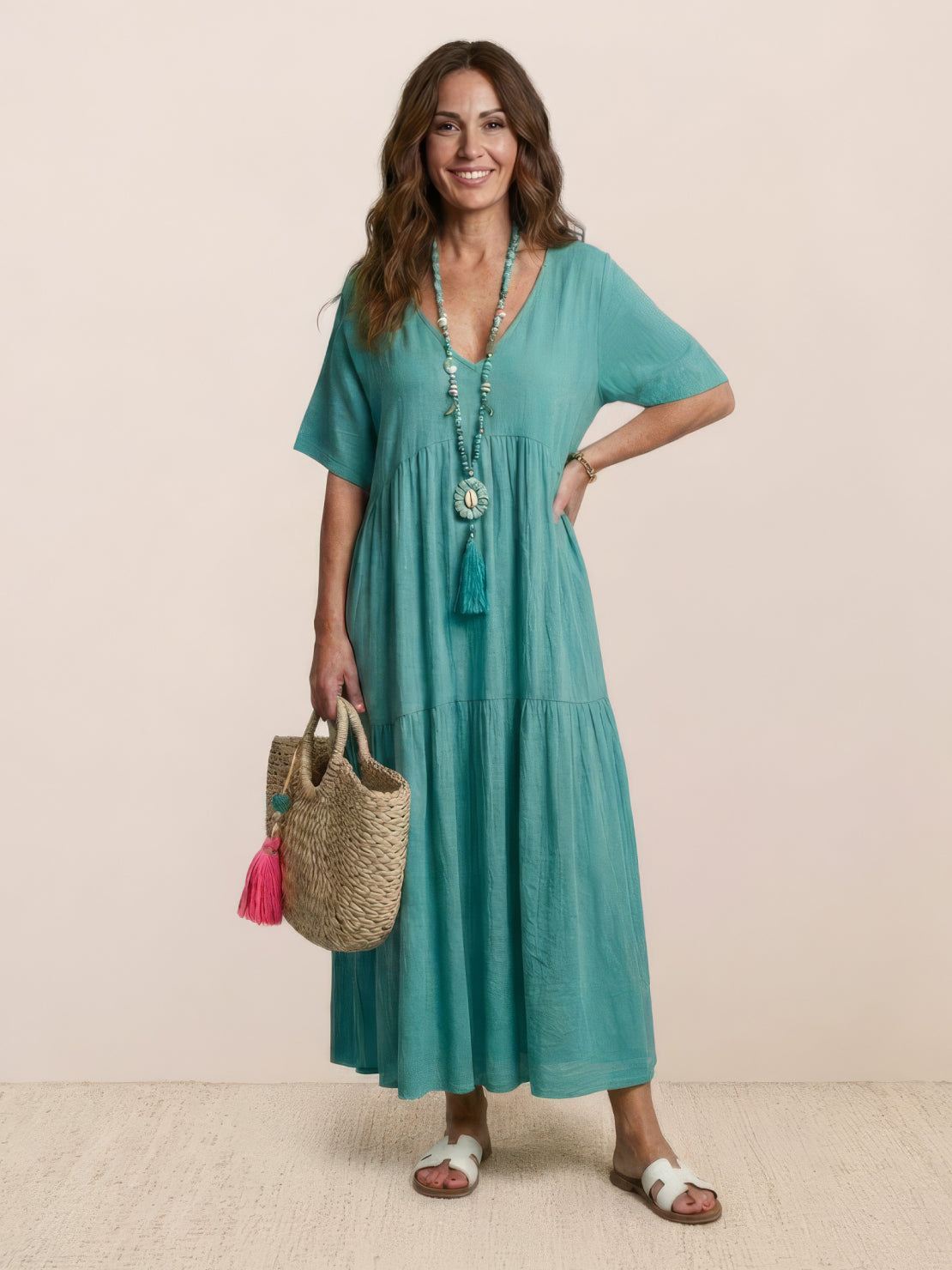 Flowy V-Neck Maxi Dress for Women with Short Sleeves