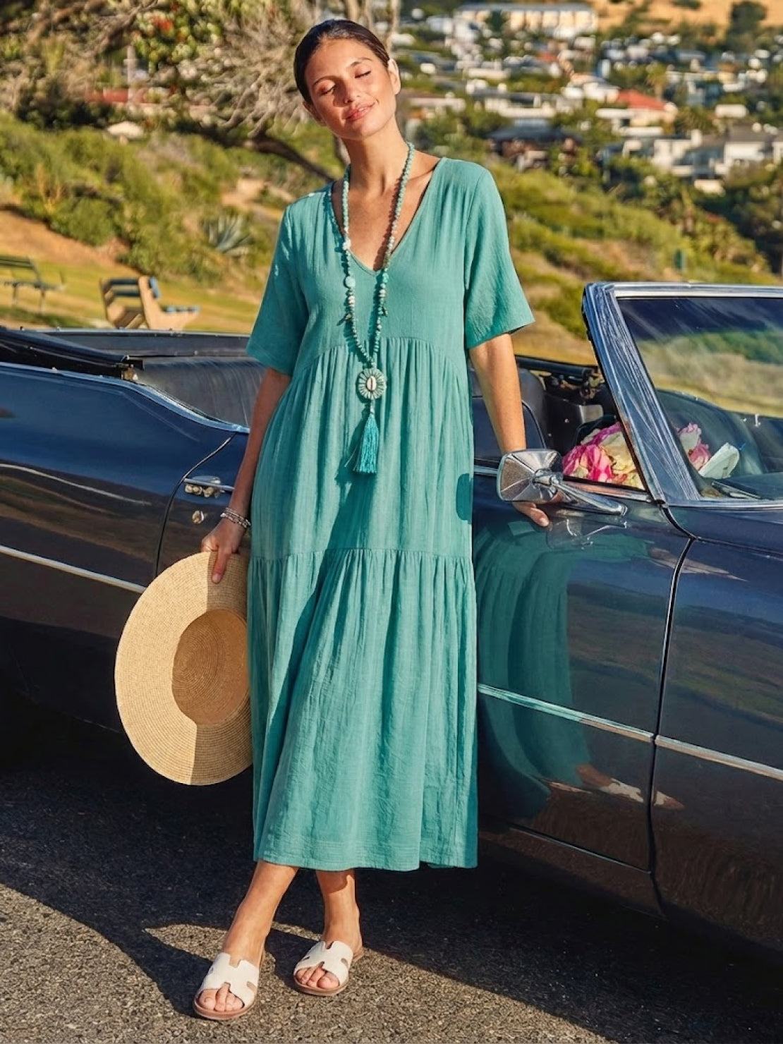 Women's V-Neck Maxi Dress Short Sleeves