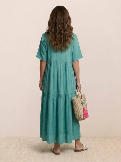 Flowy V-Neck Maxi Dress for Women with Short Sleeves