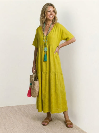 Flowy V-Neck Maxi Dress for Women with Short Sleeves