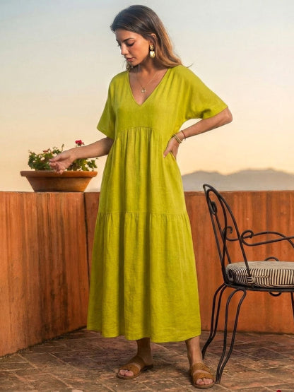 Flowy V-Neck Maxi Dress for Women with Short Sleeves