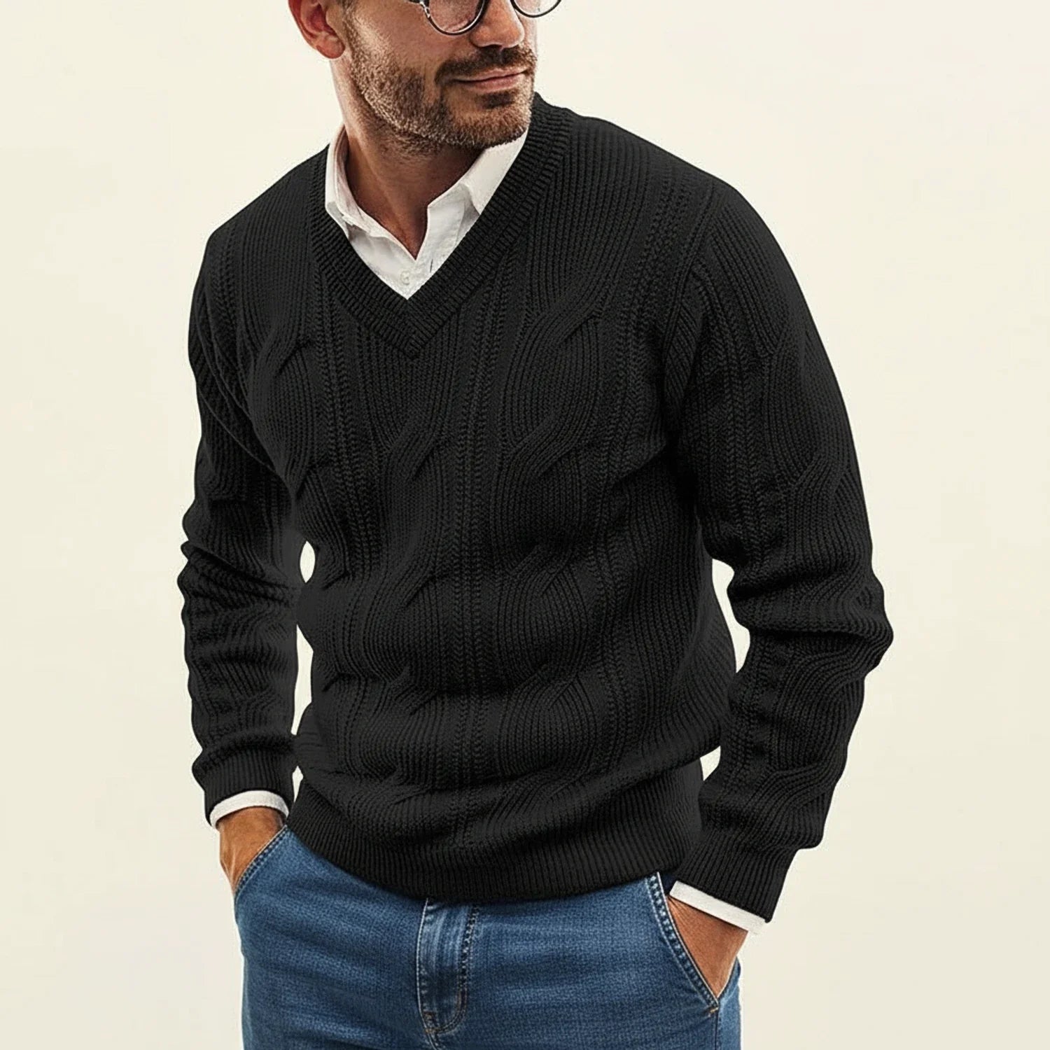 Men's V-Neck Cable Knit Sweater - VibreMode