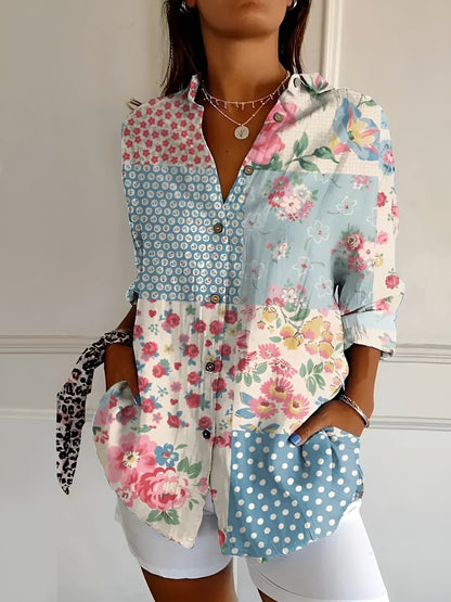 Women's Button Front Blouse Printed Three Quarter Sleeve