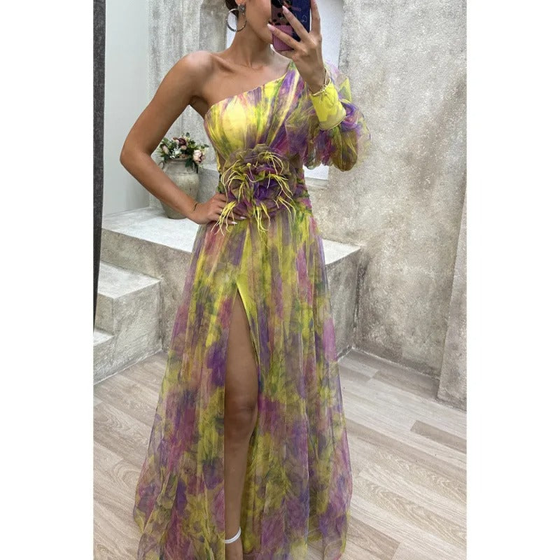 Elegant Women's Maxi Dress Sheer Floral Print
