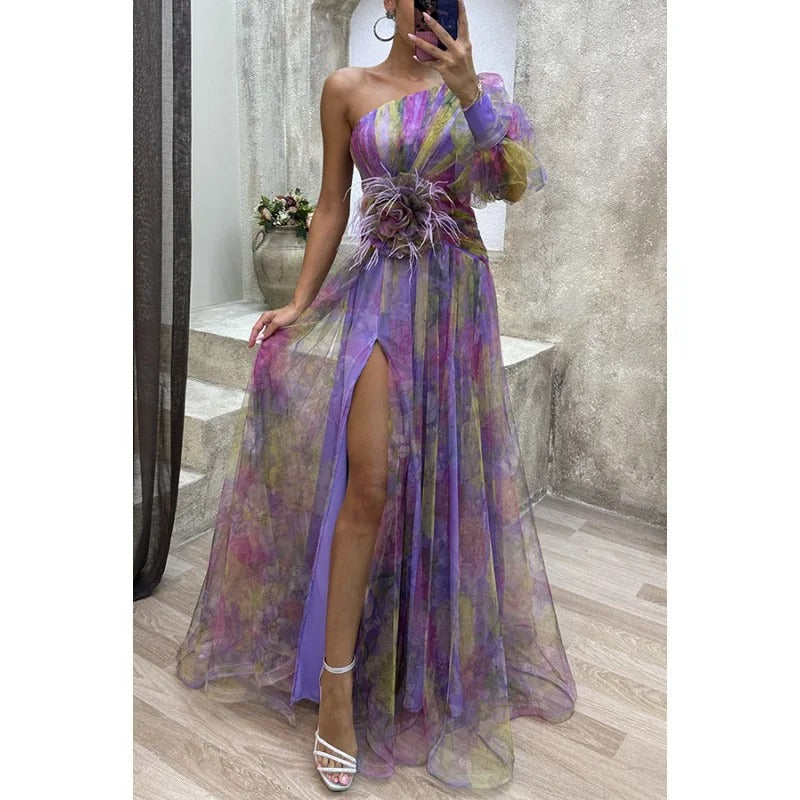 Elegant Women's Maxi Dress Sheer Floral Print