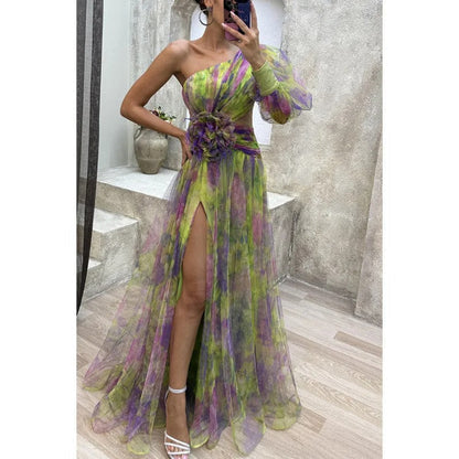 Elegant Women's Maxi Dress Sheer Floral Print