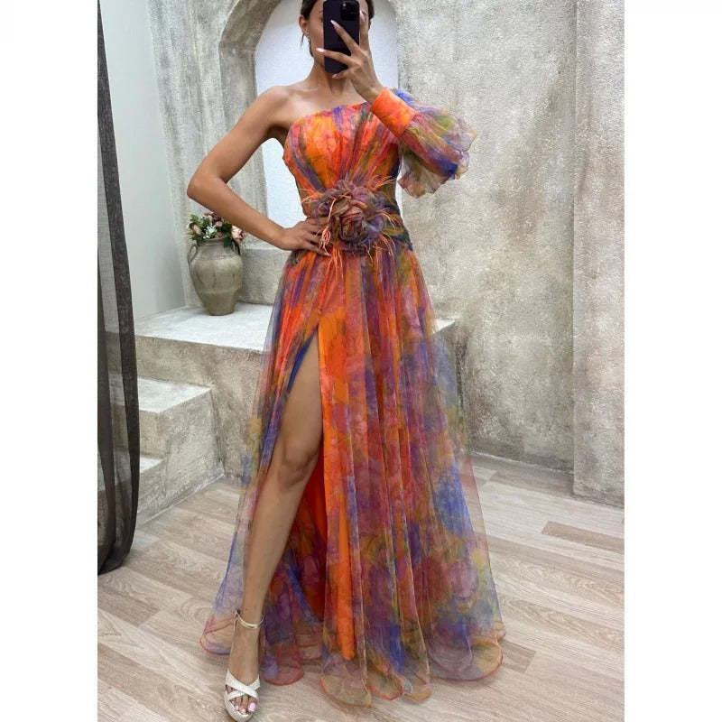 Elegant Women's Maxi Dress Sheer Floral Print