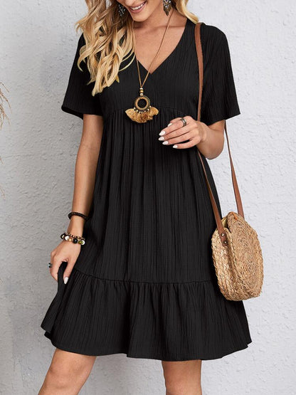 Women's V-Neck Mini Dress Short Sleeve Ruffle Hem