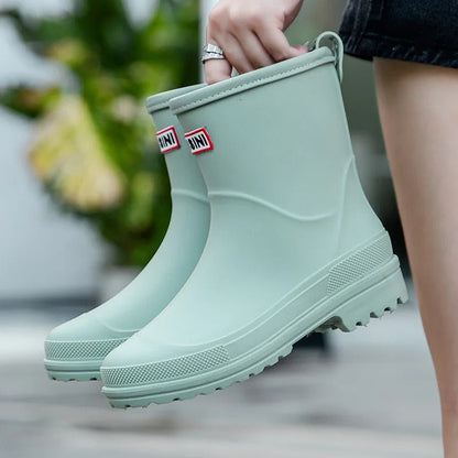 Women's Waterproof Mid Calf Rain Boots Non Slip Sole Black