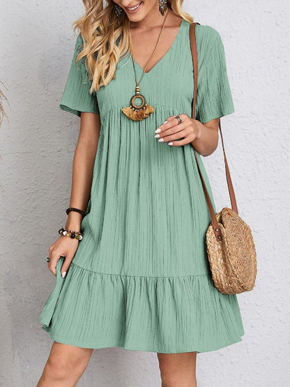 Women's V-Neck Mini Dress Short Sleeve Ruffle Hem