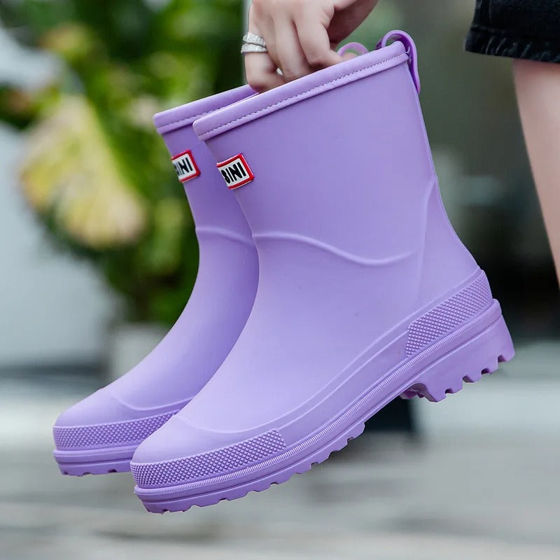 Women's Waterproof Mid Calf Rain Boots Non Slip Sole Black - VibreMode