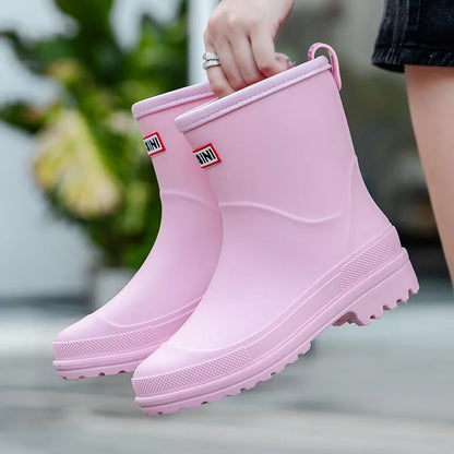 Women's Waterproof Mid Calf Rain Boots Non Slip Sole Black