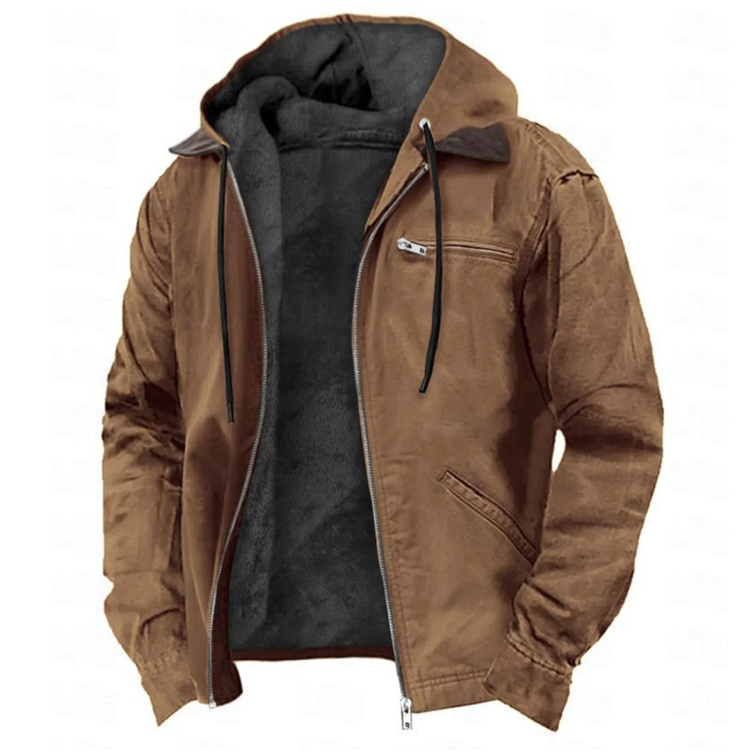Men's Hooded Winter Jacket Zip Front Cotton Inner Lining Chest Pocket - VibreMode