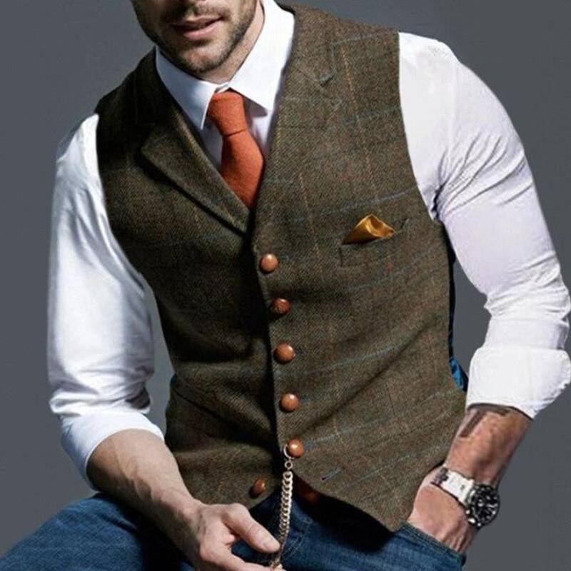 Men's Checked Waistcoat Elegant Wool Blend