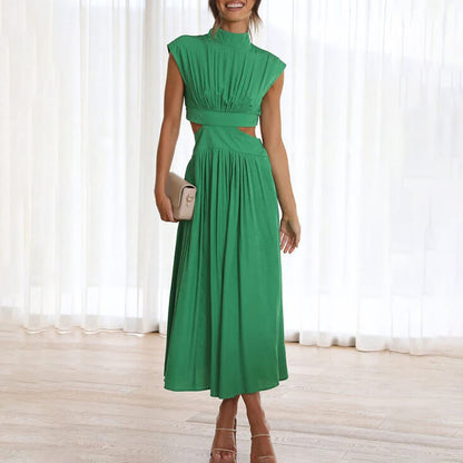 Women's Cap Sleeve Midi Dress Pleated Skirt High Neck - VibreMode
