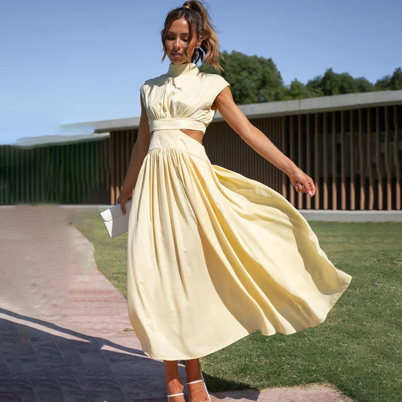 Women's Cap Sleeve Midi Dress Pleated Skirt High Neck