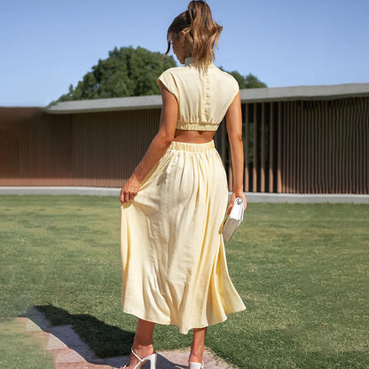 Women's Cap Sleeve Midi Dress Pleated Skirt High Neck