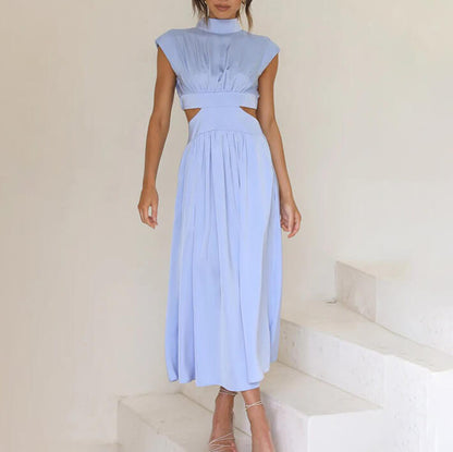Women's Cap Sleeve Midi Dress Pleated Skirt High Neck