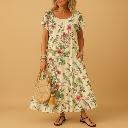 Women’s vintage floral summer dress with boat neck, short sleeves, and loose breathable fit, perfect for beach days, vacations, and casual summer outfits.