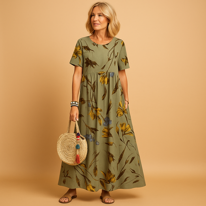 Women’s vintage floral summer dress with boat neck, short sleeves, and loose breathable fit, perfect for beach days, vacations, and casual summer outfits.