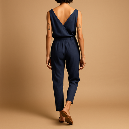 Woman wearing a loose-fit V-neck summer jumpsuit with an adjustable waistband, ideal for beach days and casual summer outings.