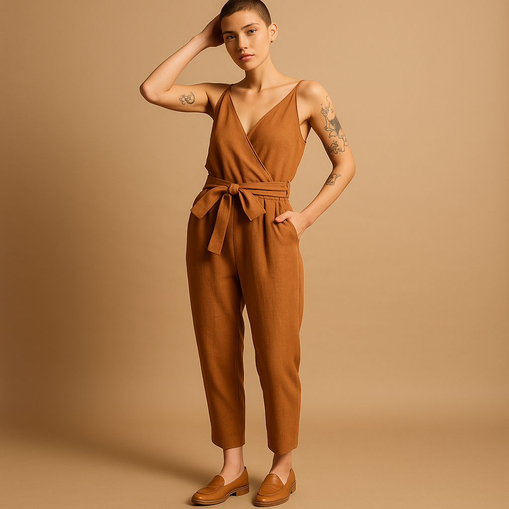 Woman wearing a loose-fit V-neck summer jumpsuit with an adjustable waistband, ideal for beach days and casual summer outings.