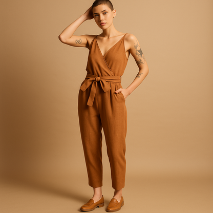 Woman wearing a loose-fit V-neck summer jumpsuit with an adjustable waistband, ideal for beach days and casual summer outings.