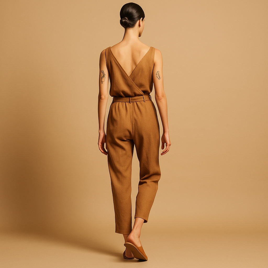 Woman wearing a loose-fit V-neck summer jumpsuit with an adjustable waistband, ideal for beach days and casual summer outings.