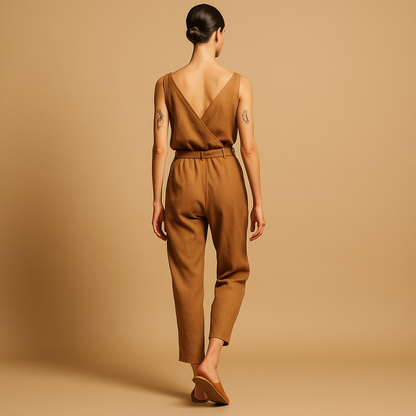 Woman wearing a loose-fit V-neck summer jumpsuit with an adjustable waistband, ideal for beach days and casual summer outings.