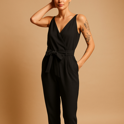 Woman wearing a loose-fit V-neck summer jumpsuit with an adjustable waistband, ideal for beach days and casual summer outings.
