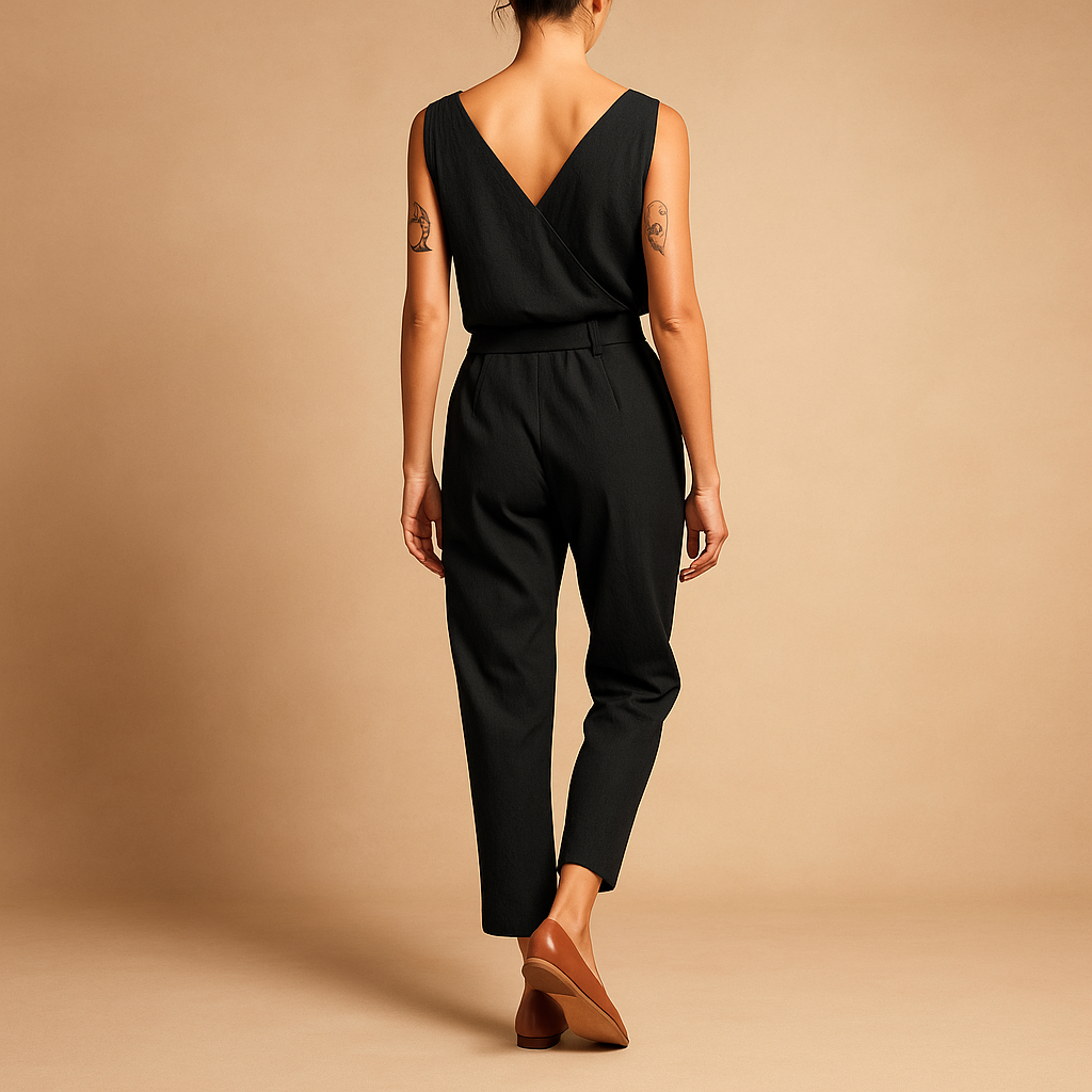 Woman wearing a loose-fit V-neck summer jumpsuit with an adjustable waistband, ideal for beach days and casual summer outings.