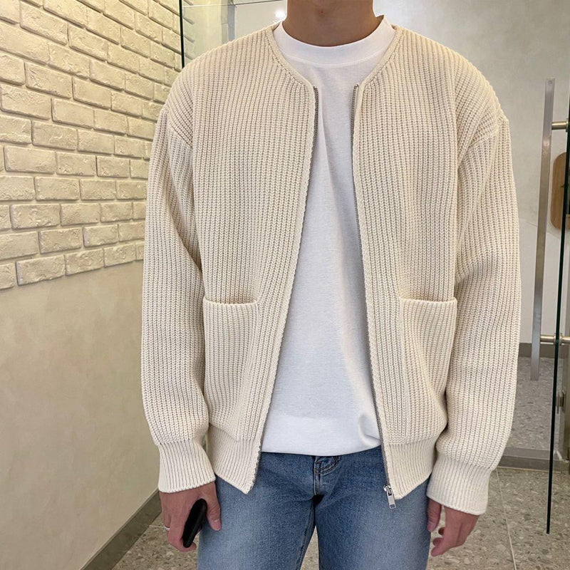 Men's Zip-Up Cardigan Ribbed Knit Round Neck Sweater - VibreMode