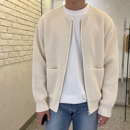 Men's Zip-Up Cardigan Ribbed Knit Round Neck Sweater - VibreMode