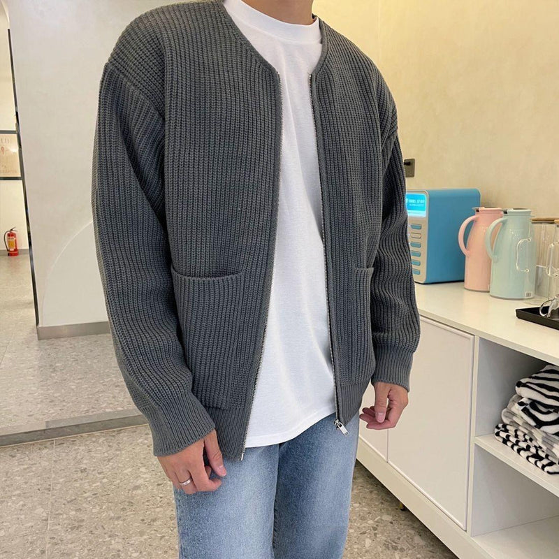 Men's Zip-Up Cardigan Ribbed Knit Round Neck Sweater