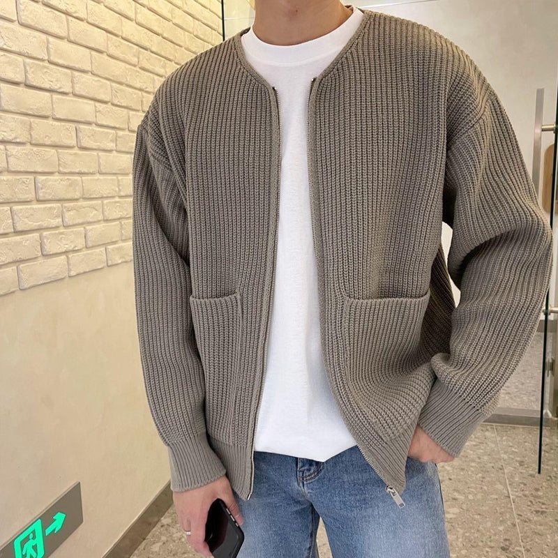 Men's Zip-Up Cardigan Ribbed Knit Round Neck Sweater