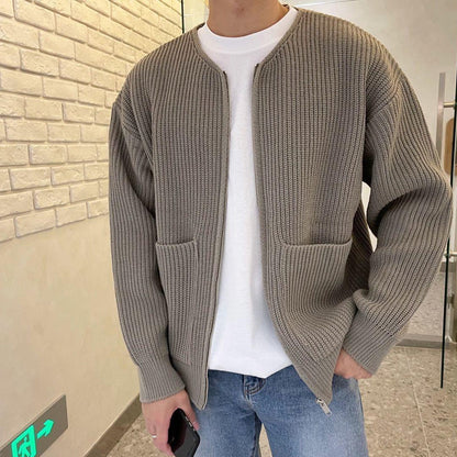 Men's Zip-Up Cardigan Ribbed Knit Round Neck Sweater