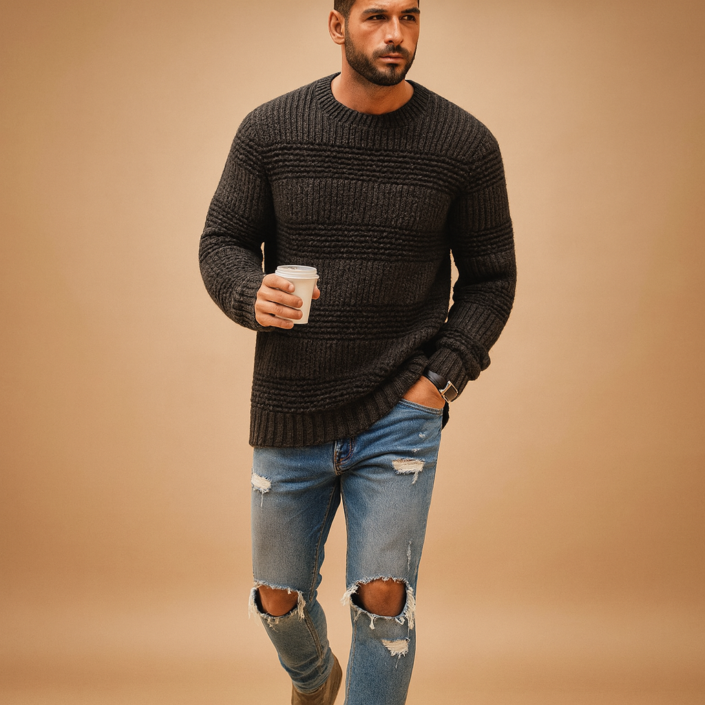 Men’s warm Norwegian knit sweater with chunky texture and classic Nordic details, perfect for autumn and winter casual or formal looks.